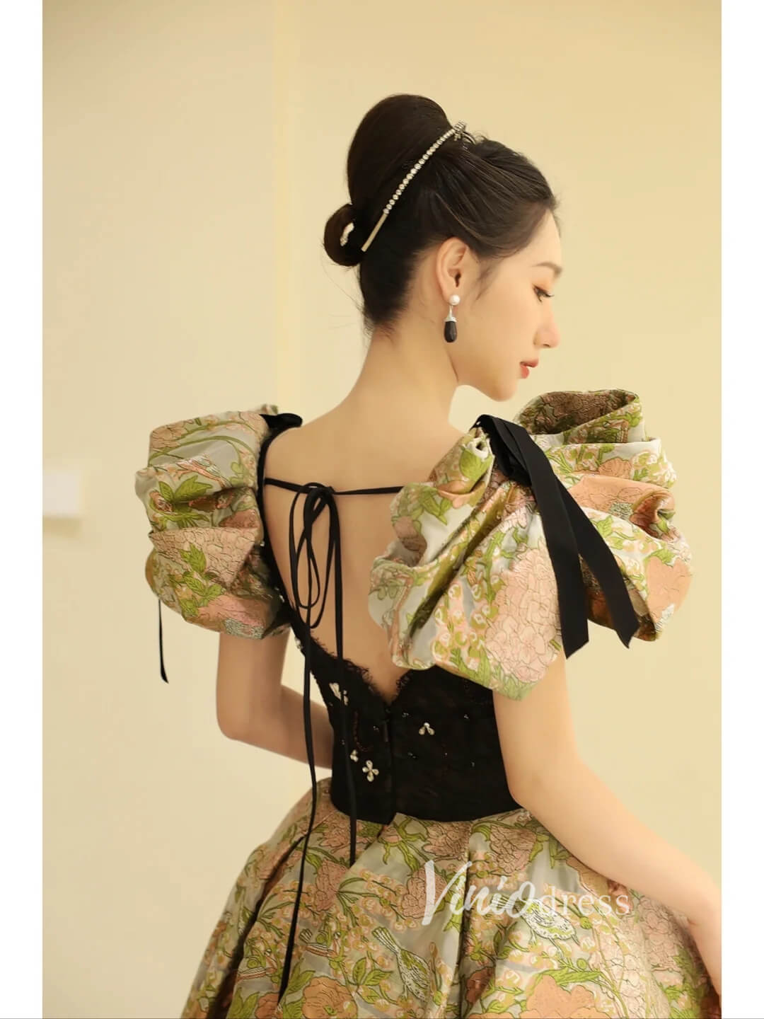 Green Jacquard Satin Prom Dresses Puffed Sleeve Formal Gown FD3440-prom dresses 2025 -Viniodress-Green-Custom Size-