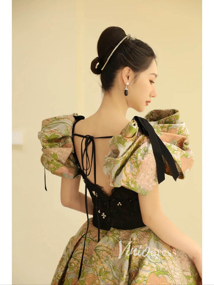 Green Jacquard Satin Prom Dresses Puffed Sleeve Formal Gown FD3440-prom dresses 2025 -Viniodress-Green-Custom Size-