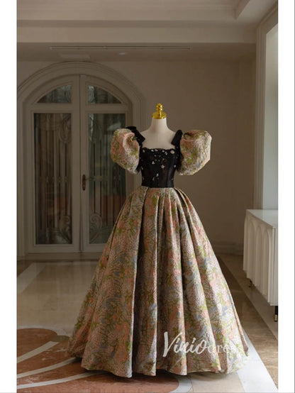 Green Jacquard Satin Prom Dresses Puffed Sleeve Formal Gown FD3440-prom dresses 2025 -Viniodress-Green-Custom Size-