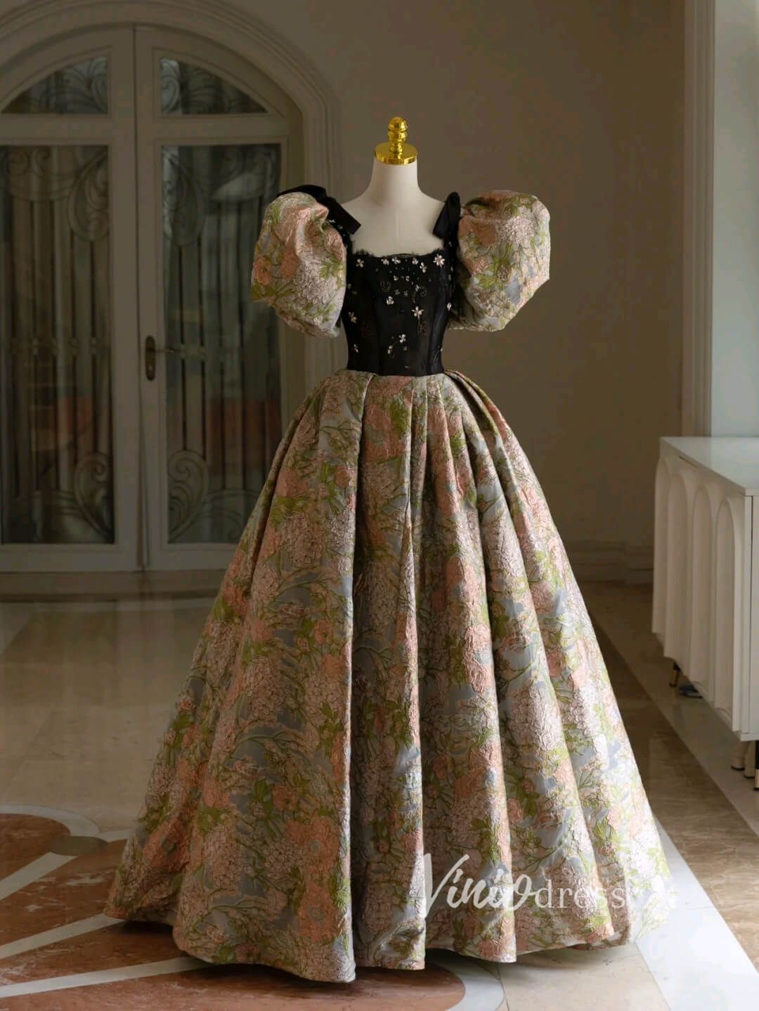 Green Jacquard Satin Prom Dresses Puffed Sleeve Formal Gown FD3440-prom dresses 2025 -Viniodress-Green-Custom Size-