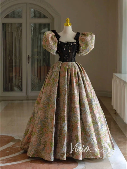 Green Jacquard Satin Prom Dresses Puffed Sleeve Formal Gown FD3440-prom dresses 2025 -Viniodress-Green-Custom Size-