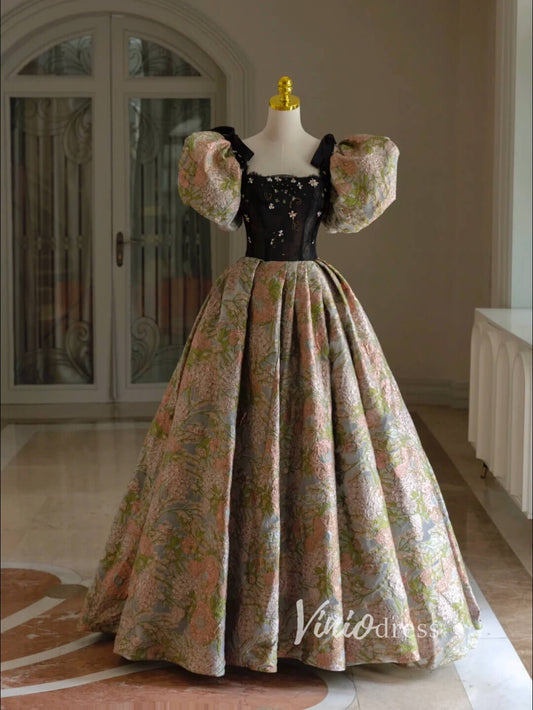 Green Jacquard Satin Prom Dresses Puffed Sleeve Formal Gown FD3440-prom dresses 2025 -Viniodress-Green-Custom Size-