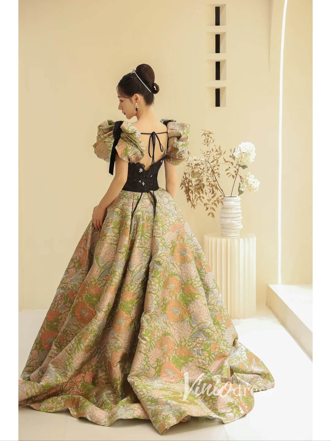 Green Jacquard Satin Prom Dresses Puffed Sleeve Formal Gown FD3440-prom dresses-Viniodress-Viniodress