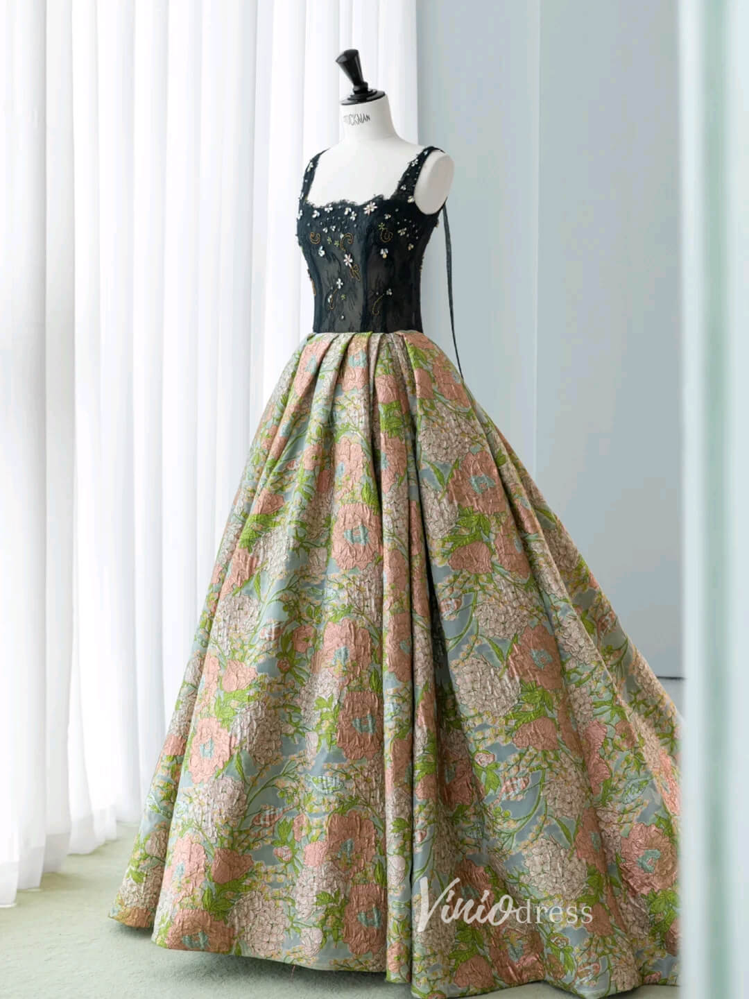 Green Jacquard Satin Prom Dresses Puffed Sleeve Formal Gown FD3440B-prom dresses 2025 -Viniodress-Green-Custom Size-