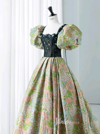 Green Jacquard Satin Prom Dresses Puffed Sleeve Formal Gown FD3440B-prom dresses 2025 -Viniodress-Green-Custom Size-