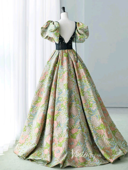 Green Jacquard Satin Prom Dresses Puffed Sleeve Formal Gown FD3440B-prom dresses 2025 -Viniodress-Green-Custom Size-