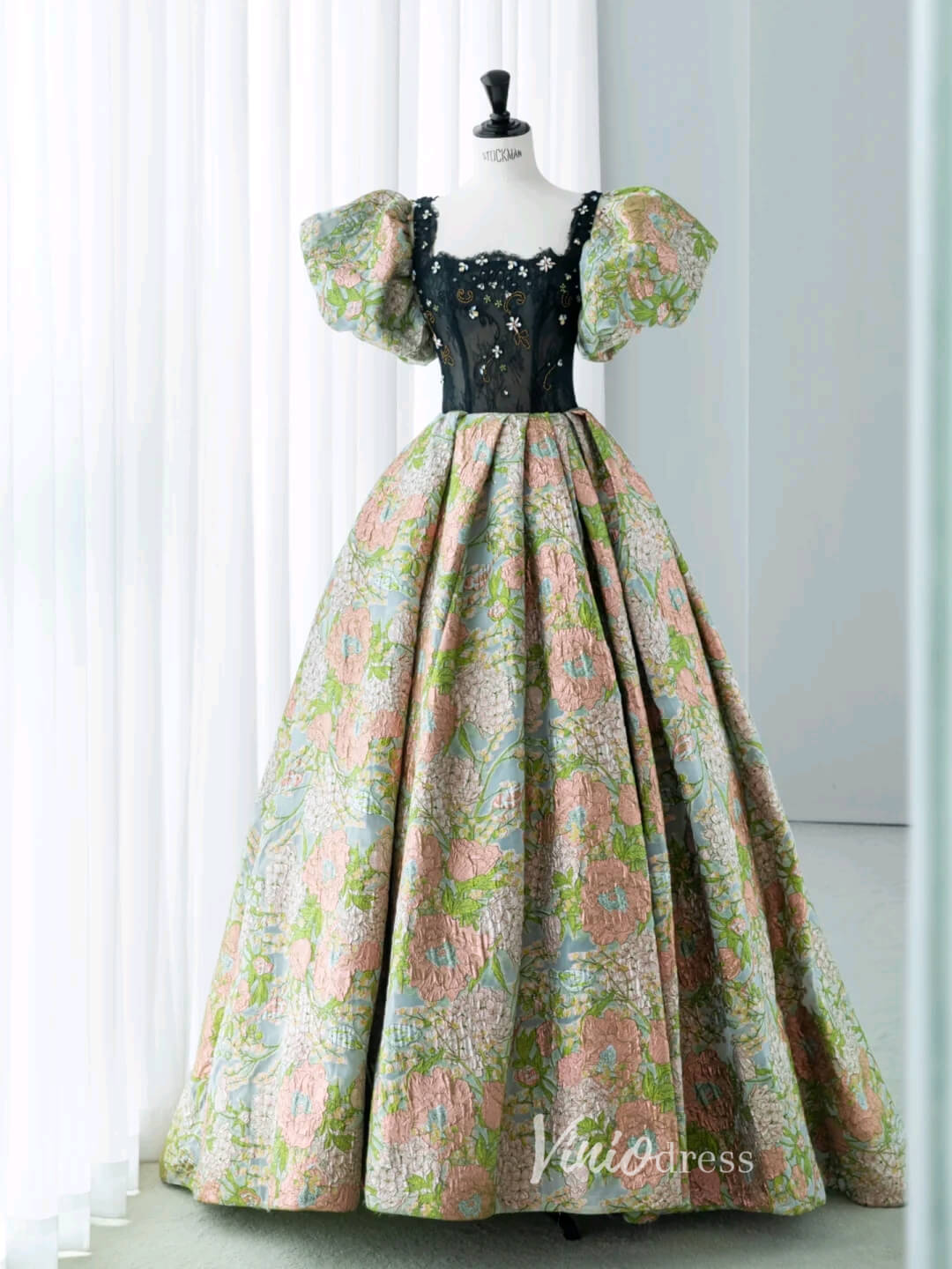 Green Jacquard Satin Prom Dresses Puffed Sleeve Formal Gown FD3440B - Viniodressprom dressesGreenCustom Size - Formal Dresses - Ball Gowns