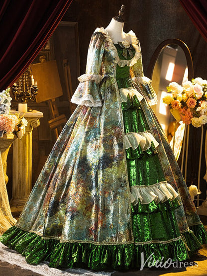 Green Jacquard Satin Vintage Ball Gown Lacy Puffed Sleeve Quinceanera Dress AD1311-Quinceanera Dresses 2025 -Viniodress-Green-Custom Size-