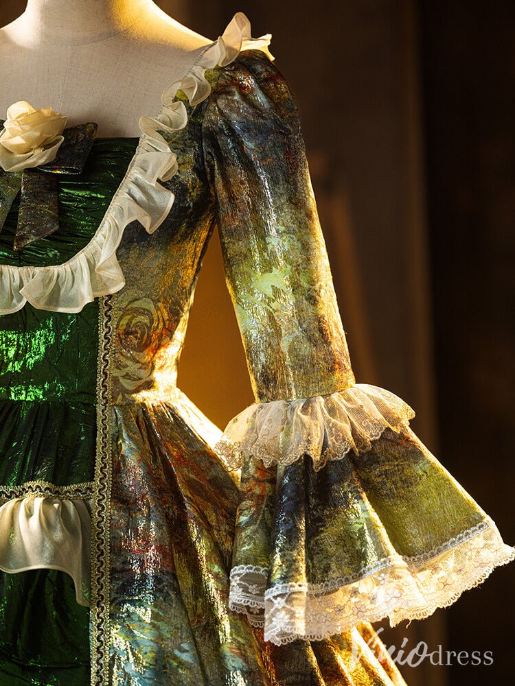 Green Jacquard Satin Vintage Ball Gown Lacy Puffed Sleeve Quinceanera Dress AD1311-Quinceanera Dresses 2025 -Viniodress-Green-Custom Size-