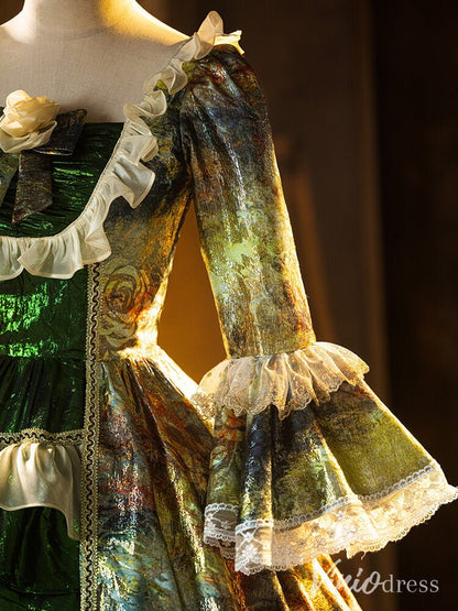 Green Jacquard Satin Vintage Ball Gown Lacy Puffed Sleeve Quinceanera Dress AD1311-Quinceanera Dresses 2025 -Viniodress-Green-Custom Size-