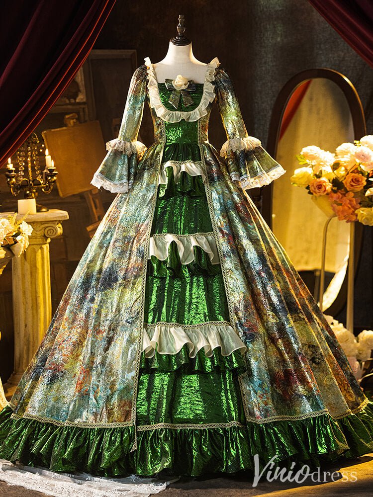 Green Jacquard Satin Vintage Ball Gown Lacy Puffed Sleeve Quinceanera Dress AD1311-Quinceanera Dresses 2025 -Viniodress-Green-Custom Size-