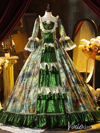 Green Jacquard Satin Vintage Ball Gown Lacy Puffed Sleeve Quinceanera Dress AD1311-Quinceanera Dresses 2025 -Viniodress-Green-Custom Size-