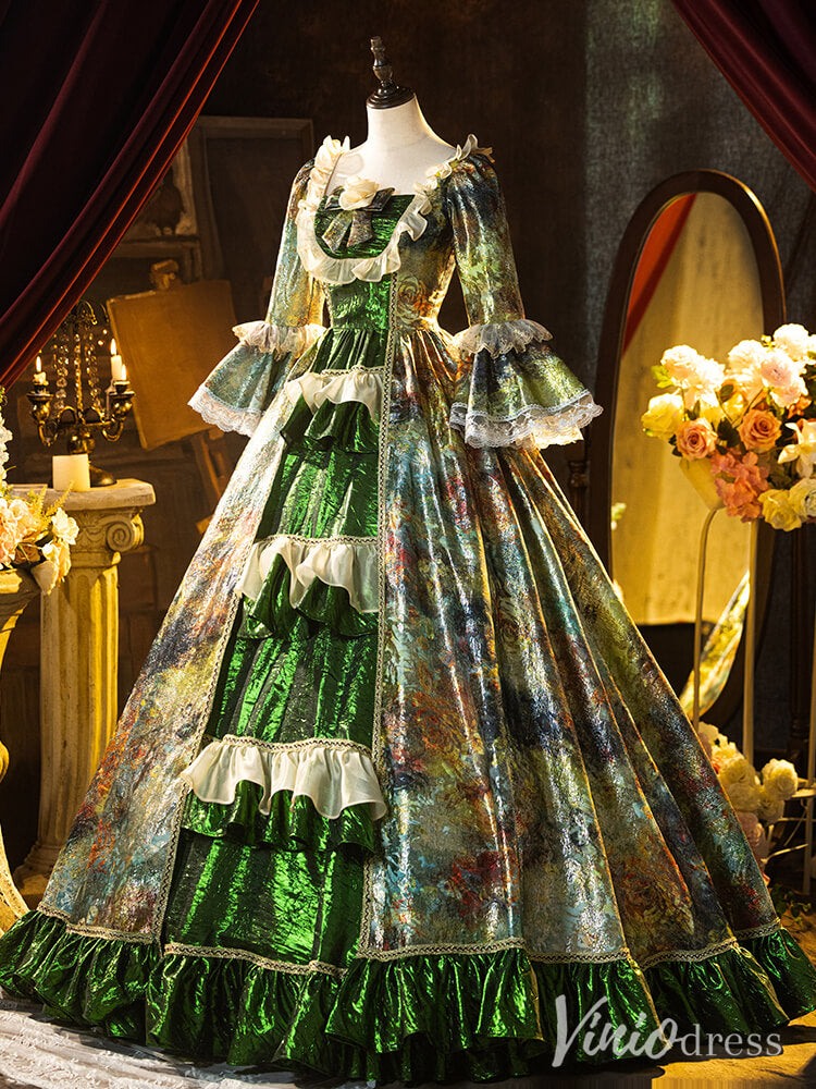 Green Jacquard Satin Vintage Ball Gown Lacy Puffed Sleeve Quinceanera Dress AD1311-Quinceanera Dresses-Viniodress-Viniodress