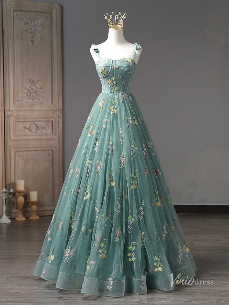 Green Lace Applique Prom Ball Gown Removable Puffed Sleeve Quinceanera Dresses BG055-prom dresses 2025 -Viniodress-Green-Custom Size-