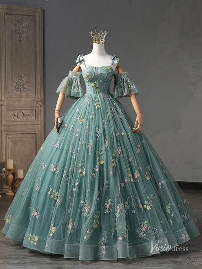 Green Lace Applique Prom Ball Gown Removable Puffed Sleeve Quinceanera Dresses BG055-prom dresses 2025 -Viniodress-Green-Custom Size-
