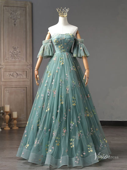 Green Lace Applique Prom Ball Gown Removable Puffed Sleeve Quinceanera Dresses BG055-prom dresses 2025 -Viniodress-Green-Custom Size-