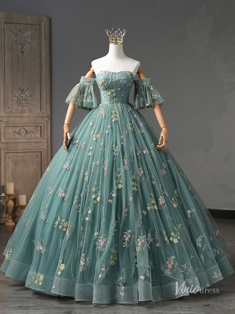 Green Lace Applique Prom Ball Gown Removable Puffed Sleeve Quinceanera Dresses BG055-prom dresses 2025 -Viniodress-Green-Custom Size-