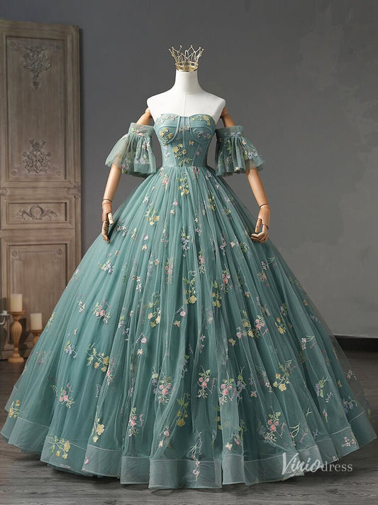 Green Lace Applique Prom Ball Gown Removable Puffed Sleeve Quinceanera Dresses BG055-prom dresses 2025 -Viniodress-Green-Custom Size-