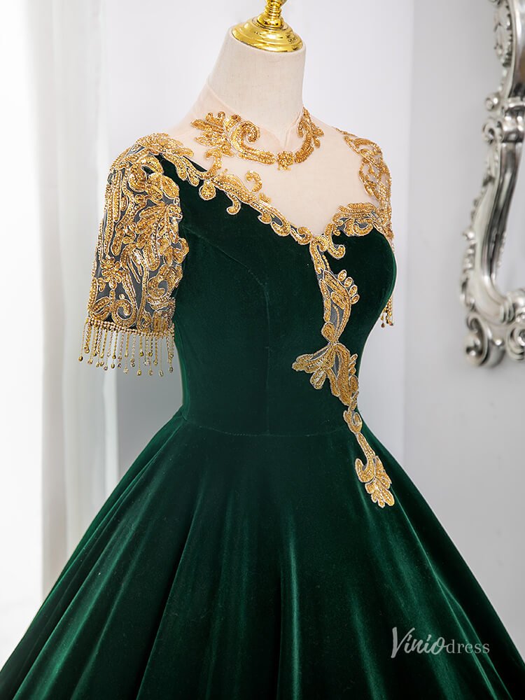 Green Lace Applique Velvet Prom Ball Gown Short Sleeve Tassels Quinceanera Dresses BG009-prom dresses 2025 -Viniodress-Green-Custom Size-