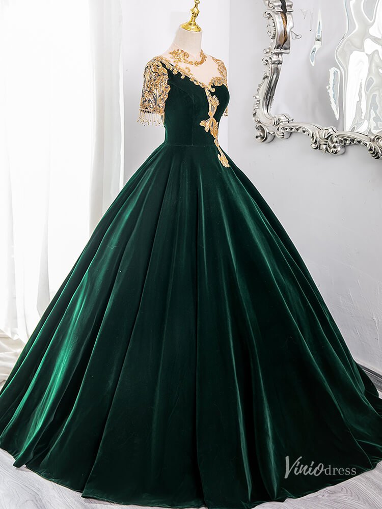 Green Lace Applique Velvet Prom Ball Gown Short Sleeve Tassels Quinceanera Dresses BG009-prom dresses 2025 -Viniodress-Green-Custom Size-