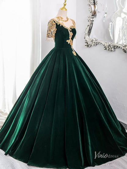 Green Lace Applique Velvet Prom Ball Gown Short Sleeve Tassels Quinceanera Dresses BG009-prom dresses 2025 -Viniodress-Green-Custom Size-