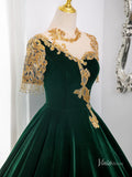 Prom Dress 2025 Green Lace Applique Velvet Prom Ball Gown Short Sleeve Tassels Quinceanera Dresses BG009-unique prom dresses-Green-Custom Size-Viniodress