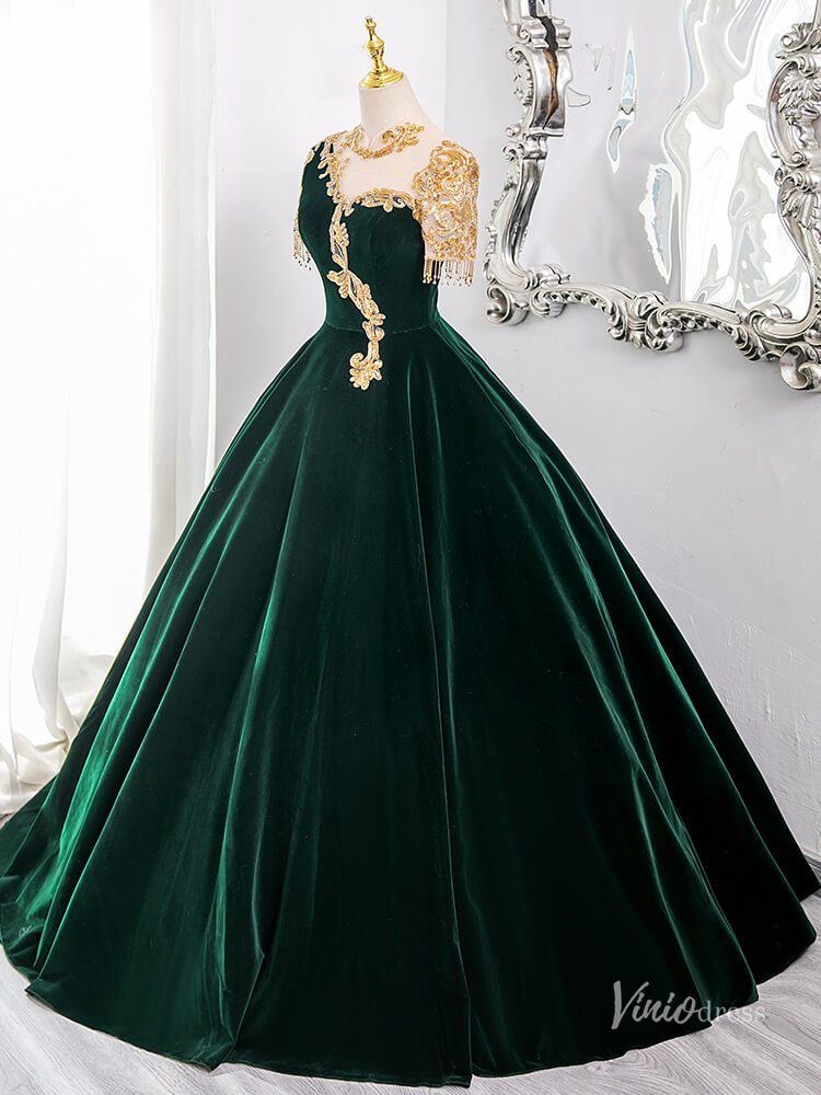 Green Lace Applique Velvet Prom Ball Gown Short Sleeve Tassels Quinceanera Dresses BG009 - Viniodressprom dressesGreenCustom Size - Formal Dresses - Ball Gowns