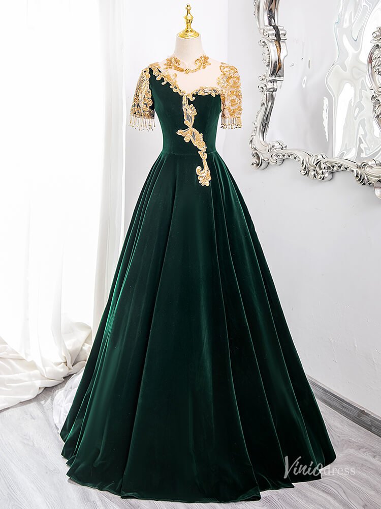 Green Lace Applique Velvet Prom Ball Gown Short Sleeve Tassels Quinceanera Dresses BG009 - Viniodressprom dressesGreenCustom Size - Formal Dresses - Ball Gowns