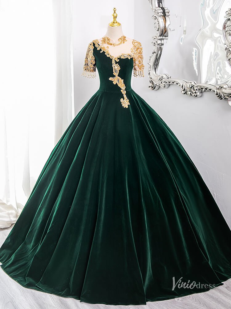 Green Lace Applique Velvet Prom Ball Gown Short Sleeve Tassels Quinceanera Dresses BG009 - Viniodressprom dressesGreenCustom Size - Formal Dresses - Ball Gowns