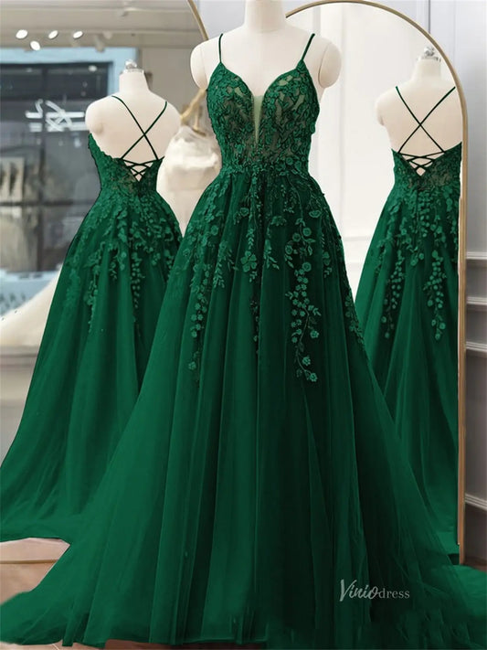 Green Lace Tulle Prom Dresses with Spaghetti Straps & Sweetheart Neckline - FD5171-prom dresses 2025 -Viniodress-Green-Custom Size-