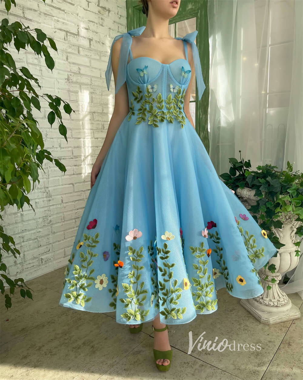 Short Prom Dresses 2025 Green Leaf Blue Prom Dress with Pockets Floral Maxi Dress SD1440-prom dresses-Viniodress-Blue-Custom Size-Viniodress