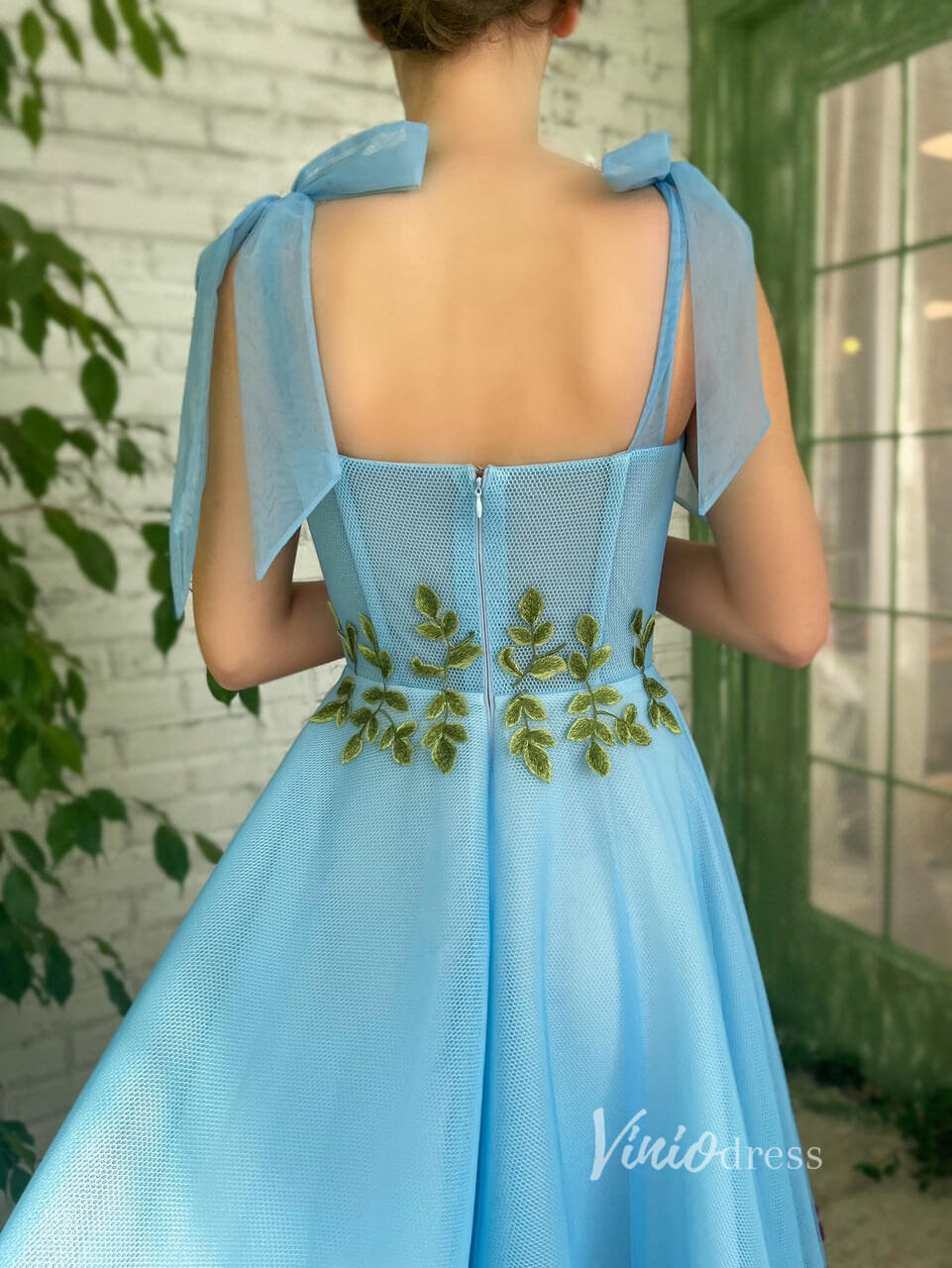 Short Prom Dresses 2025 Green Leaf Blue Prom Dress with Pockets Floral Maxi Dress SD1440-prom dresses-Viniodress-Blue-Custom Size-Viniodress