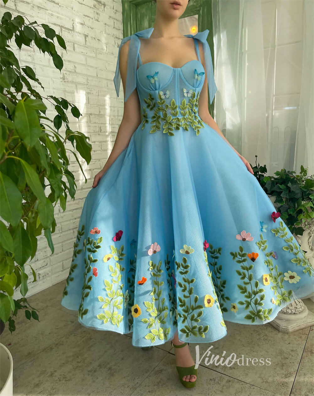 Short Prom Dresses 2025 Green Leaf Blue Prom Dress with Pockets Floral Maxi Dress SD1440-prom dresses-Viniodress-Blue-Custom Size-Viniodress