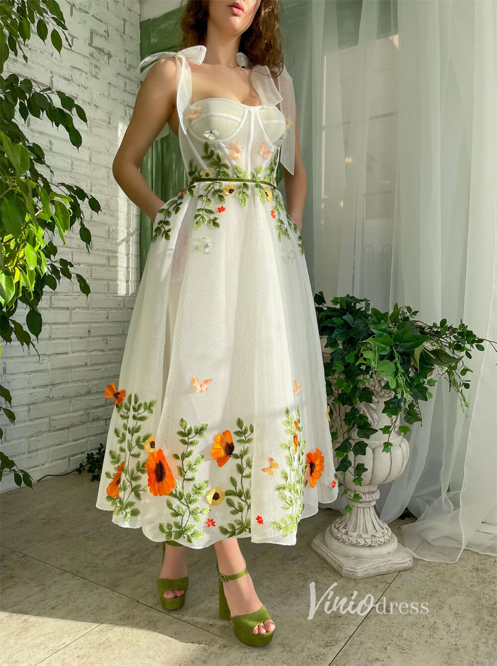 Short Prom Dresses 2025 Green Leaf Lace Prom Dress with Pockets Floral Butterfly Maxi Dress SD1438-prom dresses-Viniodress-Ivory-Custom Size-Viniodress