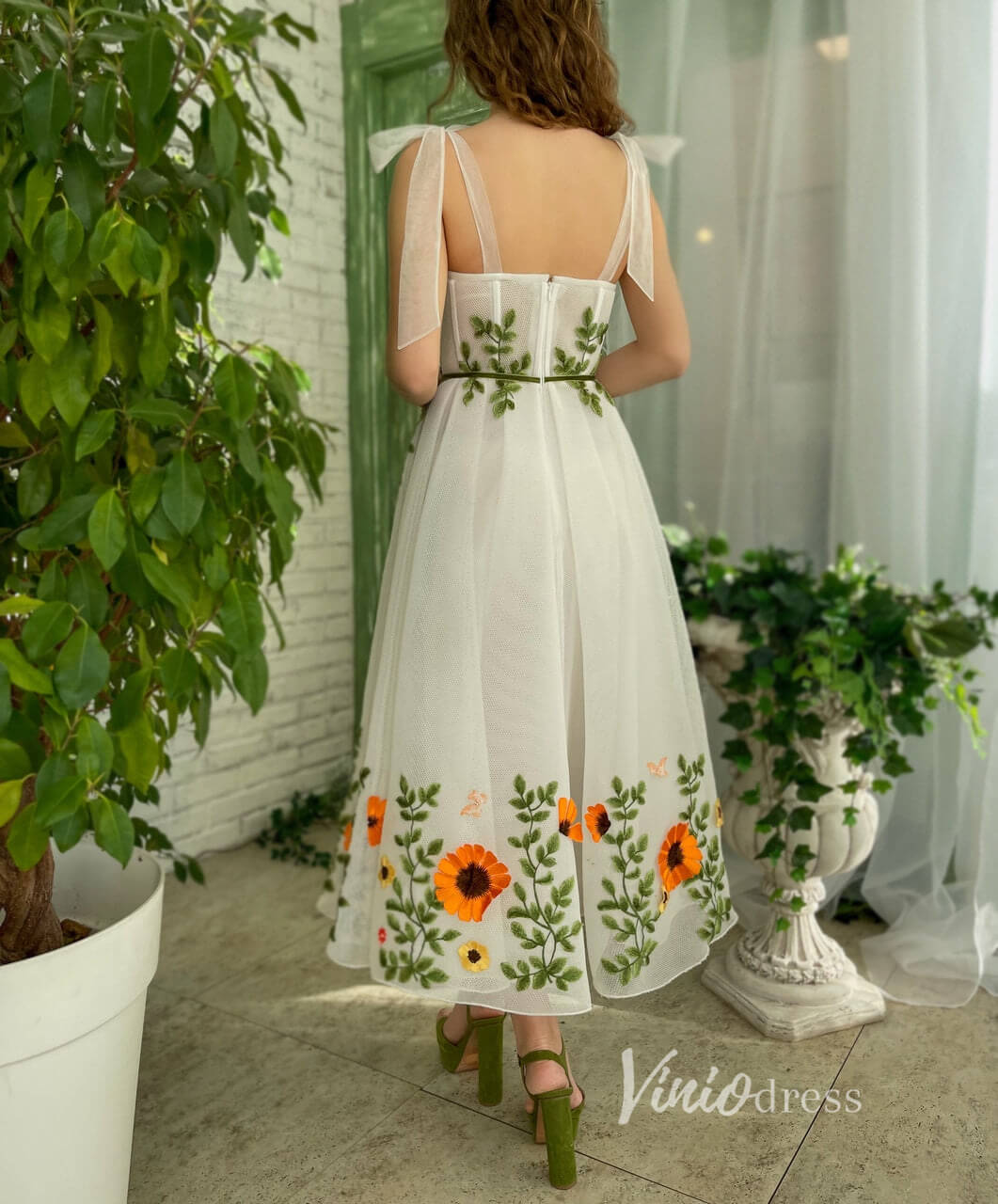 Short Prom Dresses 2025 Green Leaf Lace Prom Dress with Pockets Floral Butterfly Maxi Dress SD1438-prom dresses-Viniodress-Ivory-Custom Size-Viniodress