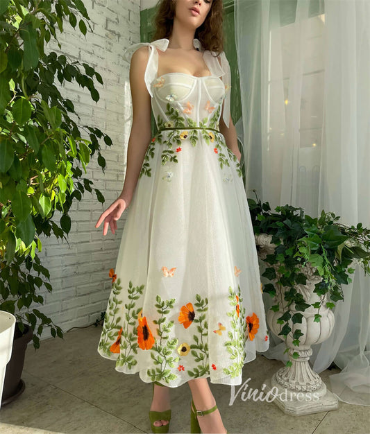 Short Prom Dresses 2025 Green Leaf Lace Prom Dress with Pockets Floral Butterfly Maxi Dress SD1438-prom dresses-Viniodress-Ivory-Custom Size-Viniodress