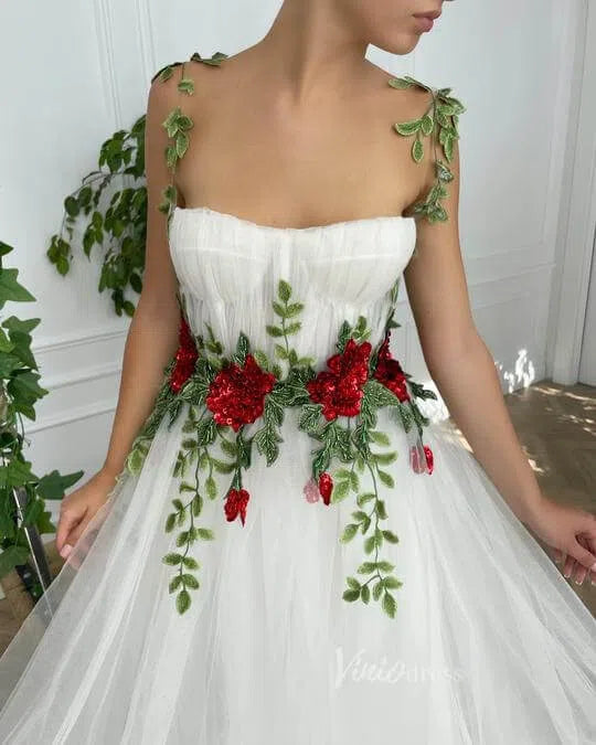 Prom Dress 2025 Green Leaf Prom Dresses Red Floral Evening Gown VW1138-unique wedding dresses-Ivory-Custom Size-Viniodress