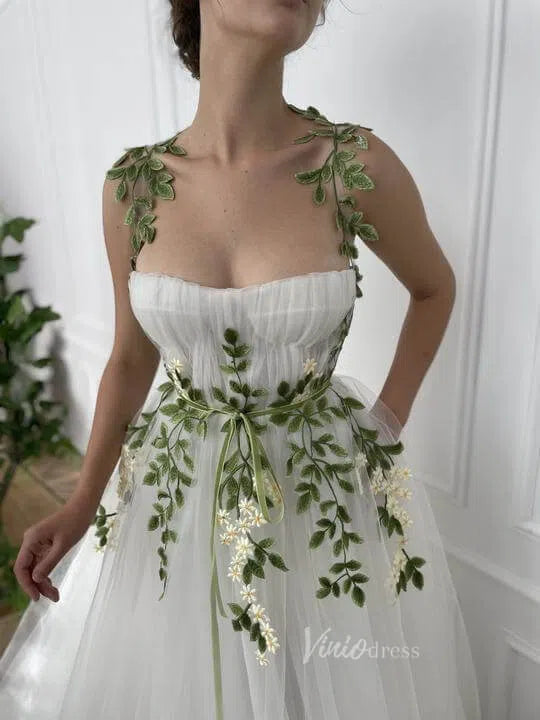 Green Leaf Sprig Long Prom Dresses with Pockets FD1127-wedding dresses-Viniodress-Viniodress