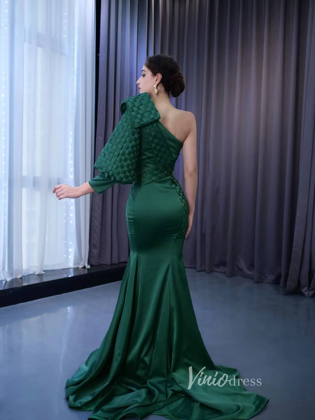 Green Mermaid Satin Formal Dresses One Shoulder Wedding Dress 222163-wedding dresses 2025 -Viniodress-Green-Custom Size-