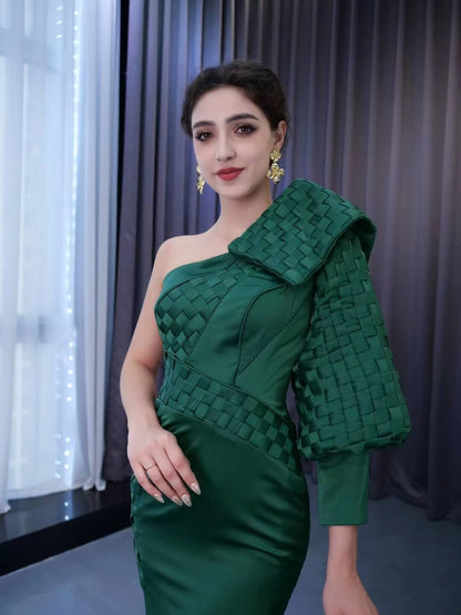 Green Mermaid Satin Formal Dresses One Shoulder Wedding Dress 222163-wedding dresses 2025 -Viniodress-Green-Custom Size-