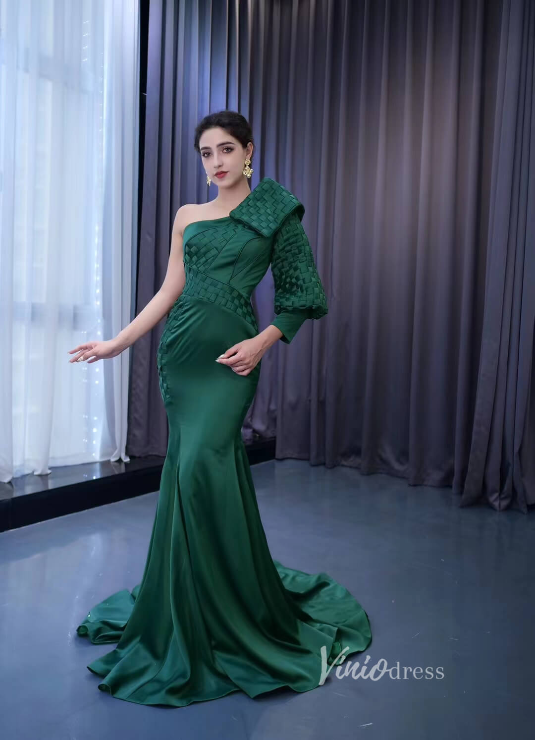 Green Mermaid Satin Formal Dresses One Shoulder Wedding Dress 222163-wedding dresses 2025 -Viniodress-Green-Custom Size-