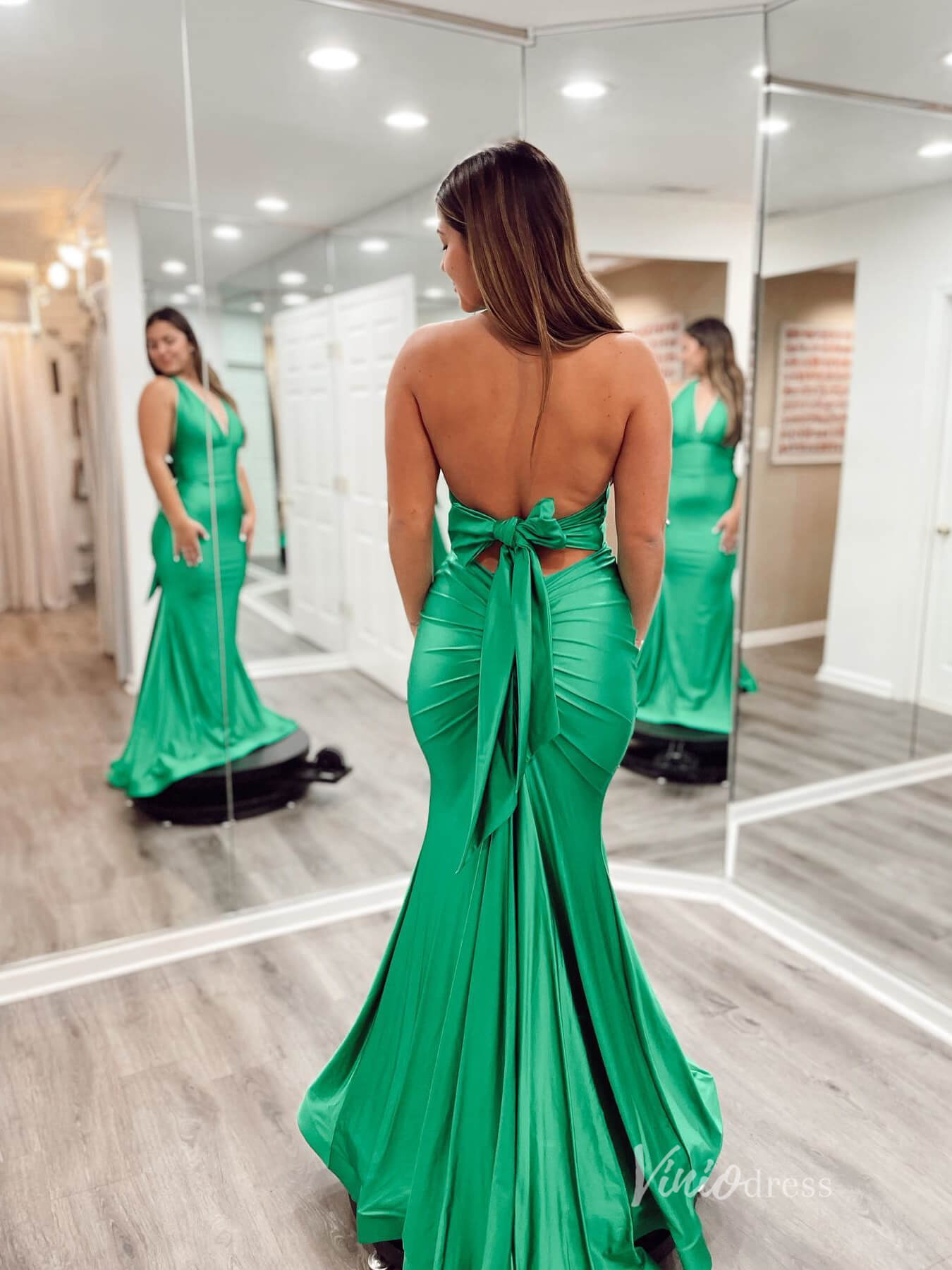 Green Mermaid Satin Prom Dresses Halter Neck Evening Dress FD3645-prom dresses 2025 -Viniodress-Green-Custom Size-