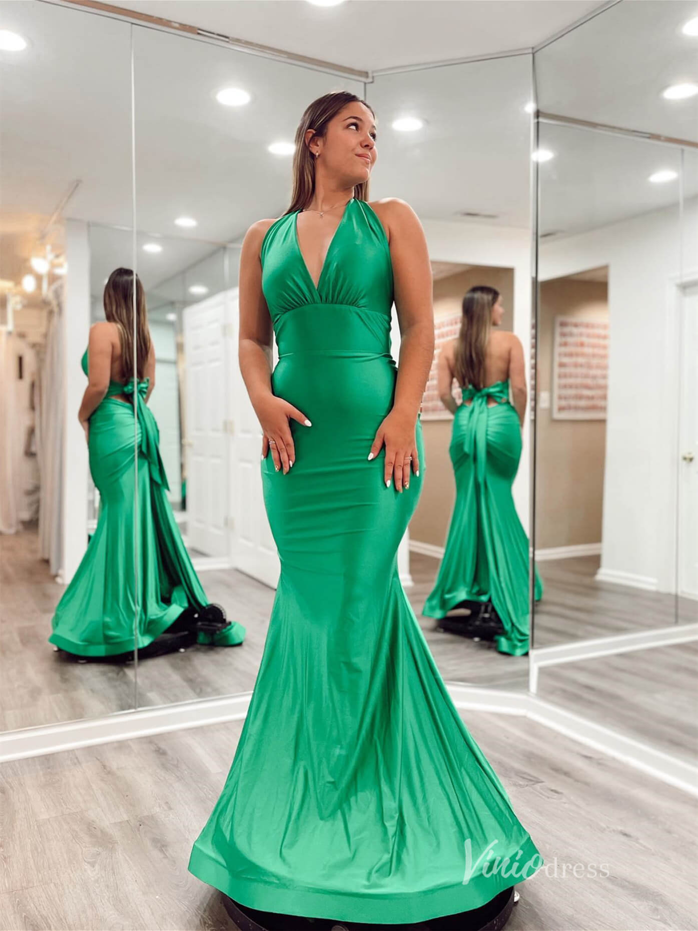 Green Mermaid Satin Prom Dresses Halter Neck Evening Dress FD3645-prom dresses 2025 -Viniodress-Green-Custom Size-