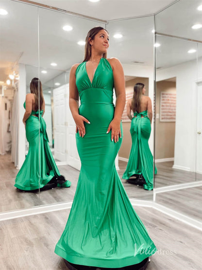 Green Mermaid Satin Prom Dresses Halter Neck Evening Dress FD3645-prom dresses 2025 -Viniodress-Green-Custom Size-