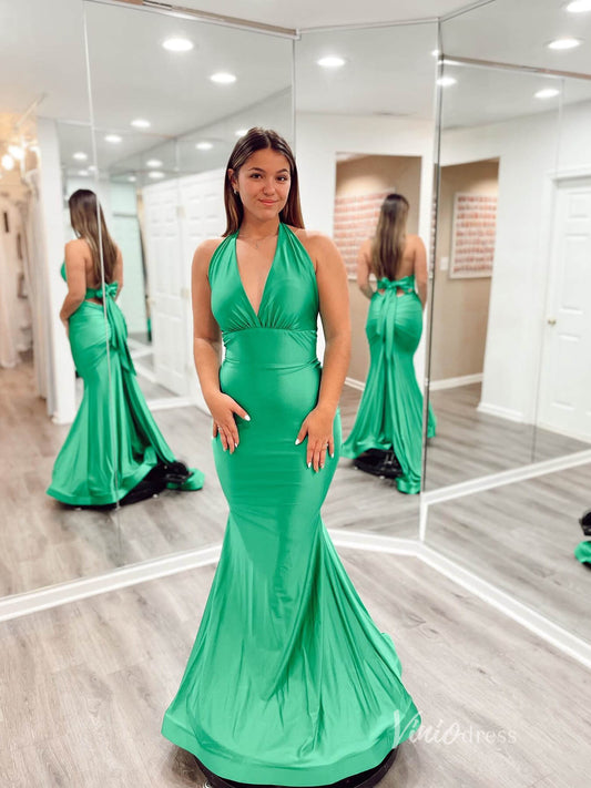 Green Mermaid Satin Prom Dresses Halter Neck Evening Dress FD3645-prom dresses 2025 -Viniodress-Green-Custom Size-