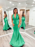 Green Mermaid Satin Prom Dresses Halter Neck Evening Dress FD3645