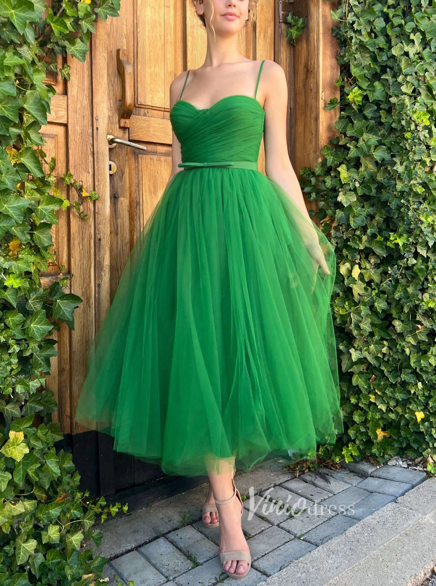 Green Midi Length Prom Dresses Spaghetti Strap Tulle Evening Dresses FD2987-prom dresses 2025 -Viniodress-Green-Custom Size-