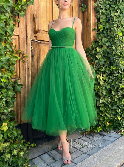 Green Midi Length Prom Dresses Spaghetti Strap Tulle Evening Dresses FD2987-prom dresses 2025 -Viniodress-Green-Custom Size-
