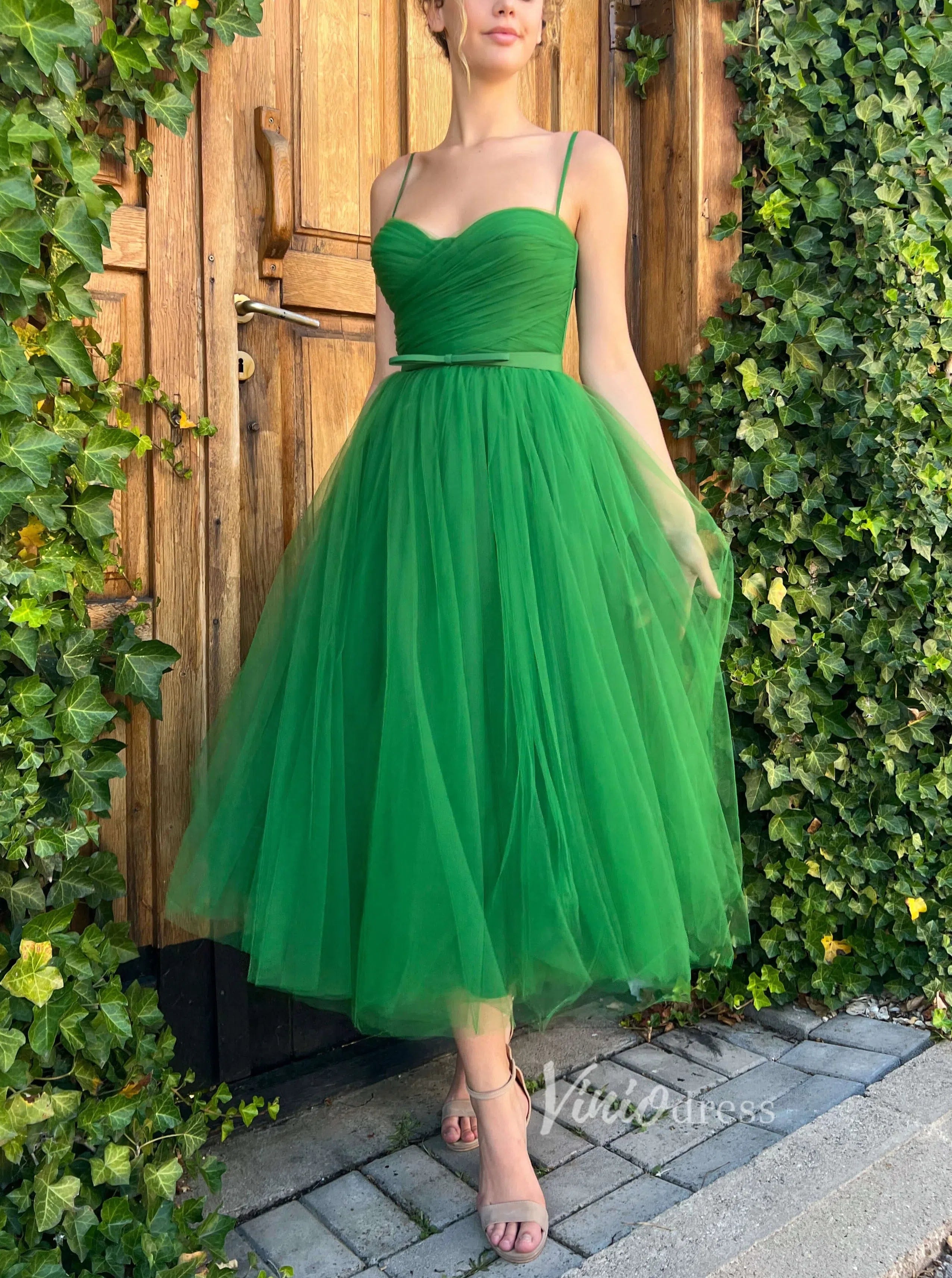 Green Midi Length Prom Dresses Spaghetti Strap Tulle Evening Dresses FD2987-prom dresses-Viniodress-Viniodress