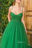 Green Midi Length Prom Dresses Spaghetti Strap Tulle Evening Dresses FD2987-prom dresses-Viniodress-Viniodress